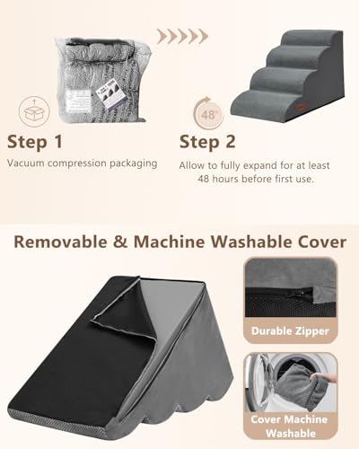 Image of Aodisman Dog Steps for Bed or Couch,4 Step Pet Stairs for Small Dogs & Cat | Curved dog ramp help small dogs, senior cats and puppies get on and off couches and beds, non-slip bottom, 17.4 inch H,Gery