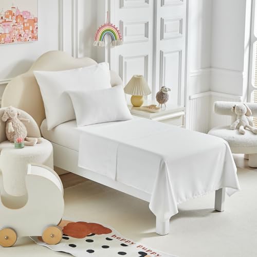 Image of Kids Comforter Sheet Set - Soft and Breathable Bed Set Includes Quilted Comforter, Fitted Sheet, Flat Top Sheet, Pillowcase and Toddler Pillowcase for Toddler - 5 Pieces Toddler Bedding Set White