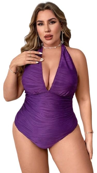 plus curvves Purple Solid Halter One-Piece Swimsuit-picture-19