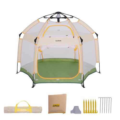Jovikids Faltbarer Laufstall Baby mit Baldachin, Pop-up Zelt Kinder Outdoor, Großer 6 Eckig Playpen mit Tragetasche für Haus, Garten, Strand, 150x150x105cm