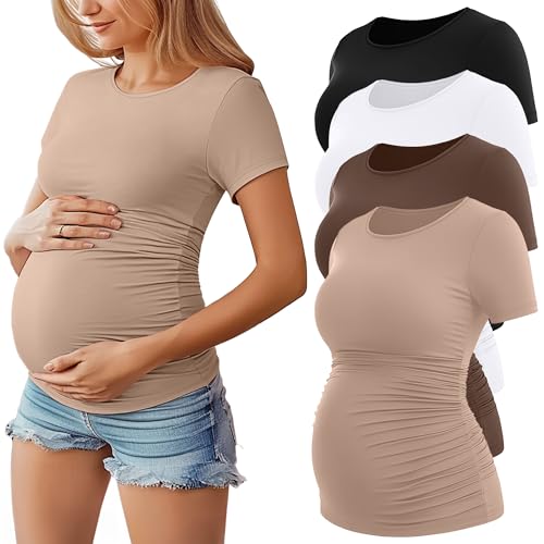Huukeay 4 Pack Women's Maternity Shirts, Crew Neck Maternity Top Short Sleeve Casual Cotton Tee Side Ruched Pregnancy Clothes(Black, Khaki, Coffee, White,Large)