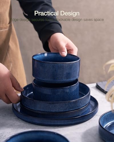 Image of Famiware Star 16-Piece Stoneware Dinnerware Set, Service for 4 - Shallow Pasta Bowls & Flat Plates, Modern Rustic Reactive Glaze Dishes, Chip /Scratch Resistant, Microwave /Dishwasher Safe, Nebulas Blue