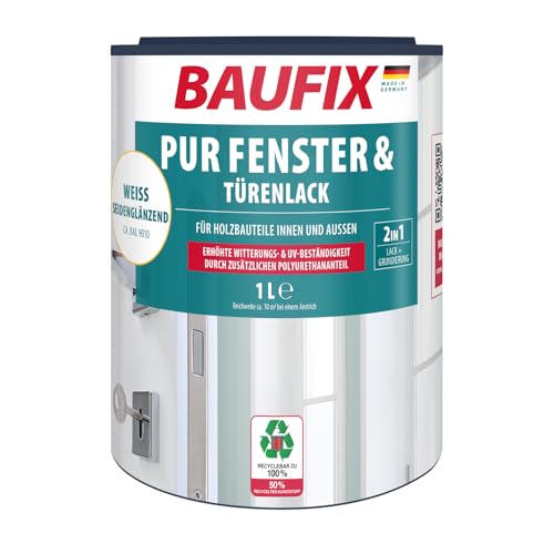 Baufix PUR Vernice bianca per finestre e porte, 1 litro, vernice bianca, laccata per finestre in poliuretano, elastica, lunga durata, non si sfalda