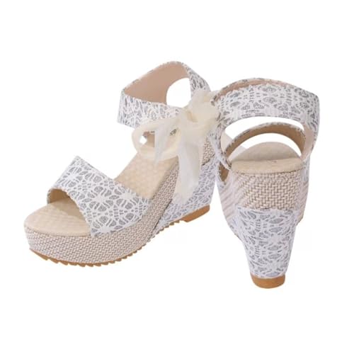 Women's Strappy Sandals, Summer Lace Bow-Knot Strap Open Toe Fish Wedge Platform Sandals, Non-slip Cosy Wide Beach Shoes, for Walk, Travel, Shopping, Party, Office, Work, Beach, Driving2