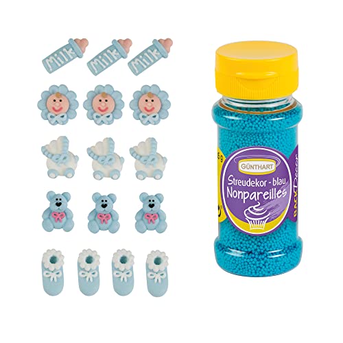 Günthart 16 Zuckerfiguren für Taufe & Baby Shower mit blauen Streudekor ...