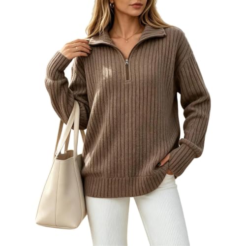 Quarter Zip Sweater Women Lapel Neck Ribbed Loose Fit Pullover Tops Brown - image 1