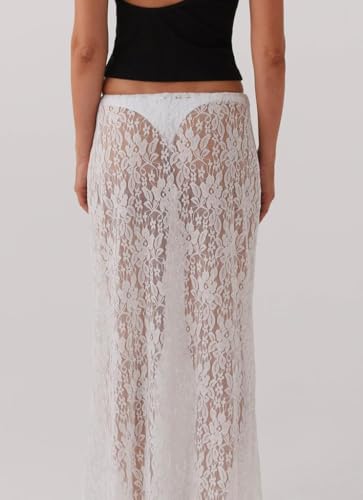 ensswliz Women Lace Long Skirt High Waist See Through Midi Skirts Summer Elegant Beach Party Slim Fit Maxi Skirts (A-White, M) - Image 3