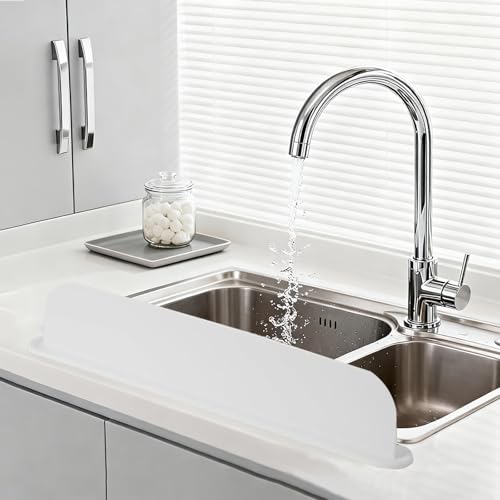 19.2inch(49cm) Silicone Sink Splash Guard, Sink Splash Guard with Suction Cup,Kitchen Sink Water Splash Guard, Kitchen Sink Splash Guard that Can Be Placed Behind (White)