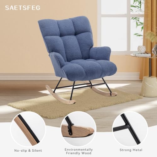 Image of SAETSFEG Rocking Chair Nursery Teddy Upholstered Glider Rocker Rocking Accent Chair Padded Seat with High Backrest Armchair Comfy Side Chair for Living Room Bedroom Offices (Darkblue Teddy)