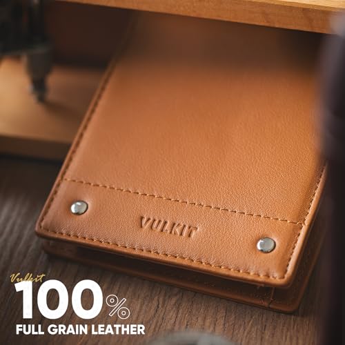 VULKIT Men's Bifold Wallet Genuine Leather Wallet RFID Blocking with Multiple Card Slots and Double ID Windows Everyday Carry Wallet4