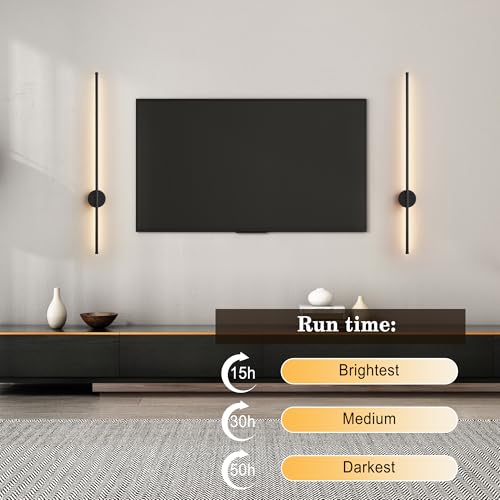 Image of Battery Operated Modern Wall Sconces, Dimmable Wireless Wall Light Set of Two with Remote Control, 3 Color Temperatures, Rechargeable LED Wall Sconce for Bedroom, Living Room, Hallway, 39.3 Inch Black