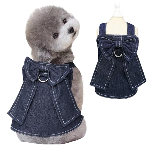 Denim Dog Dresses for Small Dogs Girl with D-Ring and Bow Decor Velcro,Dark Blue XS Girl Dog Clothes for Puppies Cats,Yorkie Chihuahua Clothes,Cute Puppy Cat Apparel (Small, Denim 02)