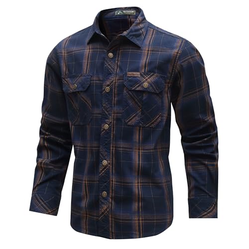 CoXuantion Chemise a Carreaux Homme Manches Longues Décontracté Bouton Chemise Col Rever Slim Fit Shirt et Poche Poitrine pour Usage Quotidien L,Bleu