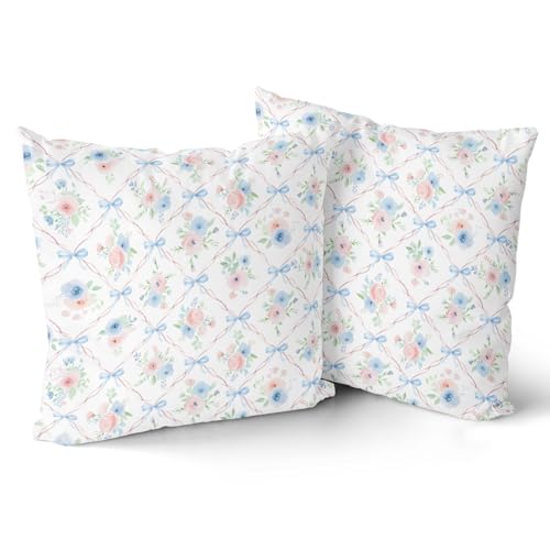 Giwawa Pink and Blue Floral Throw Pillow Covers 18x18 Inch Set of 2 Coquette Bow Pillow Case, Preppy Room Girly Bedroom Bow Room Decor