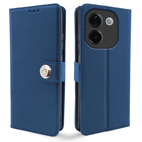 Image of Pikkme Flip Cover Leather Finish | Inside TPU with Card Pockets | Wallet Stand and Shock Proof | Complete Protection Button Flip Case for Vivo T3 Pro 5G / iQOO Z9s Pro 5G (Blue)