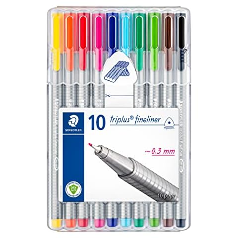 STAEDTLER Fineliner triplus, superfeine, metallgefasste Spitze, Linienbreite ca. 0.3 mm, dreikant, hohe Qualität, Set mit 10 brillanten Farben in der aufstellbaren STAEDTLER-Box, 334 SB10 Cover