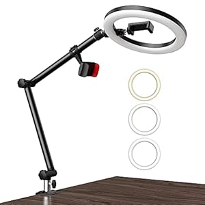 LUOLED Ring Light with Stand and Phone Holder, USB 10” Ring Light for Desk, Overhead Camera Mount with Ring Light…