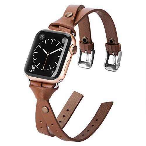 Ownaco Kompatibel mit Apple Watch Ultra 49mm Armband, 42mm 44mm 45mm Leder Armbänder Schlankes Hellbraunband Einzigartiges Nietarmband Ersatzarmbänder für iWatch Serie 8/7/6/5/4/3/2/1/SE Cover