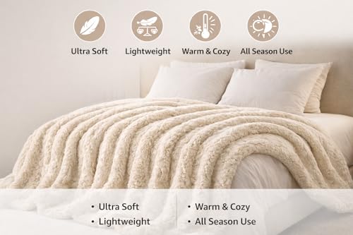 Image of WONJU Ultra Plush Mink Blanket | Soft Warm Fleece Blanket for Double Bed | Luxury Winter Blanket for Bed, Sofa, Couch & Travel | Machine Washable (Cream)