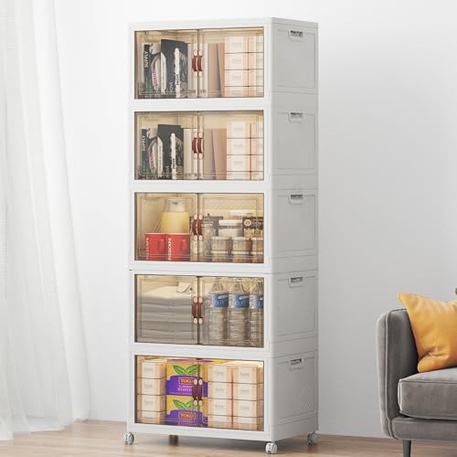 Image of UAMFURI Stackable Storage Bins with Lids, 240QT Lockable Storage Cabinet | Closet Organizers, Foldable Storage Box with Doors and Wheels, Plastic Drawers for Home, Garage, Office (5, White, Medium)