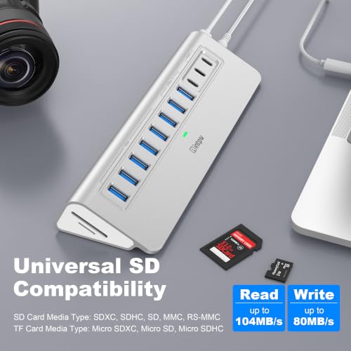 Image of Powered USB Hub 10Gbps, intpw YH9AC Plus 13 Port USB 3.2 Hub(USB A /USB C 3.2+6 USB-A 3.0+2 PD 45W Fast Charging Ports+SD /TF Card Reader), 65W Power Adapter,Aluminum USB HUB for PC,Laptop,iPhone 17 /16