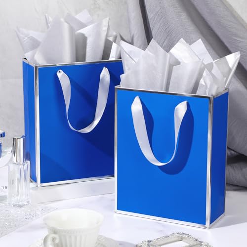 Image of Yeaqee 24 Pack Metallic Paper Gift Bags, Royal Blue,Silver | with Satin Ribbon Handle and Tissue, 9x7x3.1 Inch, Suit Business, Birthday, Christmas, Thank You Return Gifts Bags