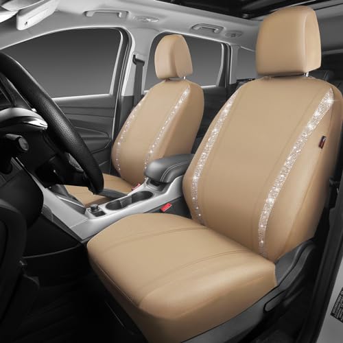 Image of CAR PASS Leather Bling Diamond Car Seat Covers 2 Front Interior Sets, Waterproof Universal Shining Glitter Crystal Sparkle Fit for 95% Automotive Truck SUV Cute Women Girl, Beige Rhinestone