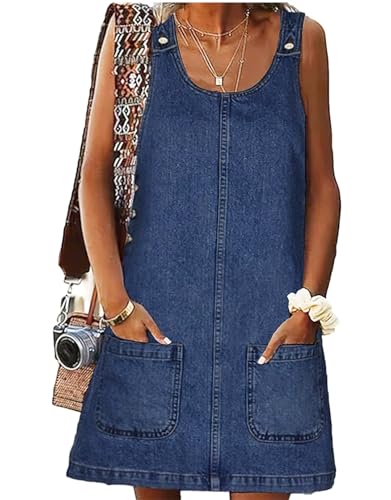 ebossy Damen Vintage Distressed Sleeveless Baggy Loose Denim Minikleid mit Tasche, Blau, Klein