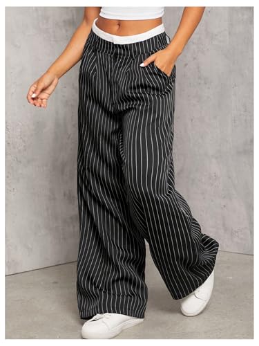 MakeMeChic Women's Striped Pants Wide Leg Straight Suit Trousers with Pocket3
