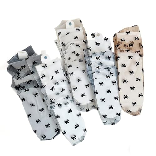 Violet Mist Sheer Slouch Socks Womens Girls Novelty Cute Black White Sheer Mesh Lace Loose Socks Fancy Elegant Bow Decorated Tulle Sock Ankle High Thin See Through Transparent Lolita Lace Sock 5 Pack