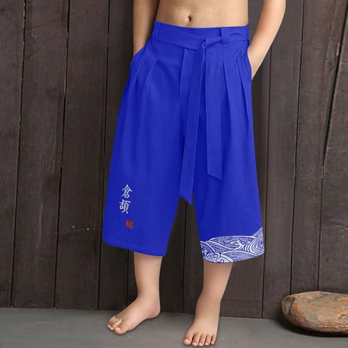 Boy 's Linen Wide Leg Pants Tween Pleated Japanese Fashion Cropped Trousers Drawstring Kids Elastic Waist Casual Capri Pants4