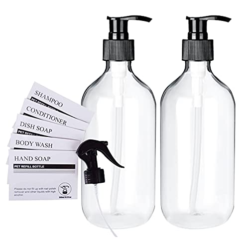 Plastic Bottles with Pump Dispenser, Empty Lotion Bottles 2-Pack 16.9oz, Clear Pump Bottles Refillable Containers for Shampoo, Lotion, Conditioner, Liquid Soap, a Free Sprayer and 5pcs Labels Included