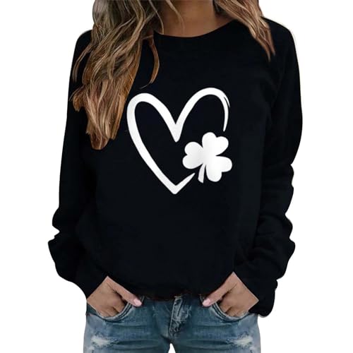 Camiseta de manga larga para mujer, diseño de trébol irlandés, cuello redondo, estampado de trébol irlandés, para mujer, Negro, S