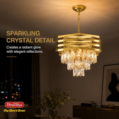Image of Desidiya Led Modern Crystal 400mm Golden Finish 7 Metal Square Layered 3 Tier Chandelier | Decorative Hanging False Ceiling Led Light for Living Room Ceiling Light Decorative for Drawing Room