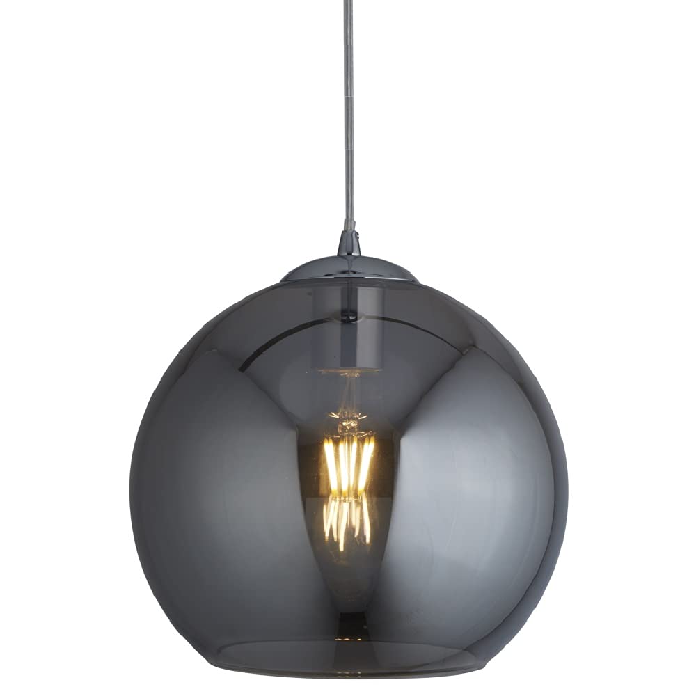 Britalia Polished Chrome & Smoked Glass Dome Shade Vintage Pendant Ceiling Light | 25cm Diameter | 1 x E27 ES Lamp Bulb Required (Not Included) | Retro Design