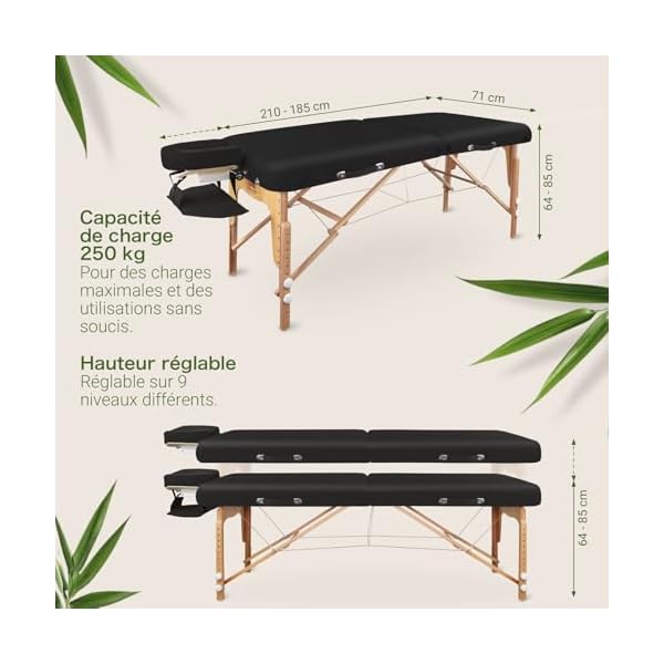 MASSUNDA - Mobile Comfort Deluxe Table de Massage réglable en Hauteur, Table de Massage Pliante Large en Bois Massif, Tables de Massage, Professionnelle (Noir)