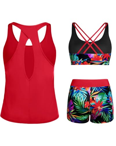 Image of 3 Piece Tankini Long Sleeve Swimsuits Athletic Rash Guard Bathing Suits | Modest,Full Coverage,High Waisted Short,Quick Dry,Criss Cross Back