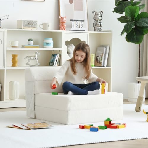 Image of Tiita Convertible Folding Kids Sofa Bed with Pillow & Storage Bag, Plush Fabric Floor Mattress Couch Bed, Washable Cover, Kids Room, Playroom, Dorm, Apartment, Beige