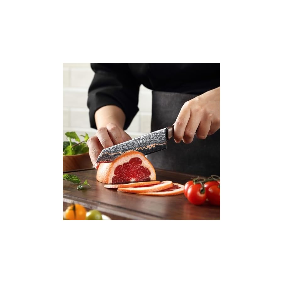 Wakoli Damascus Kitchen Knife Set, 3-Piece Professional Chef Knife Set made from 67 Layers of Damascus Steel with Copper Inlay, Knives Set for Kitchen with Maple Stabilized Wood Handle (Kawa Series)