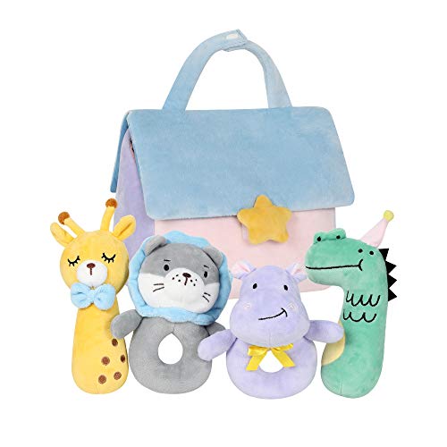 TILLYOU 4 PCS Soft Baby Rattle for Newborns, Plush Stuffed Animals, Rattle Shaker Set for Infants, Shower Gifts for Girls, Boys, Shaker & Teether Toys for Babies 3 6 9 12 Months (House Set， Crocodile)