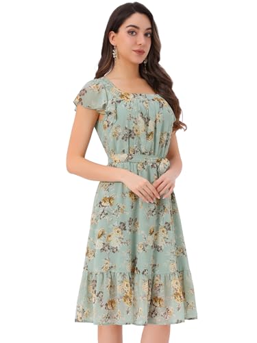 Allegra K Damenkleid mit Blumenmuster, Chiffon, Flatterärmel, Gürtel, quadratischer Ausschnitt, gerüschter Saum, Hellgrün, Klein