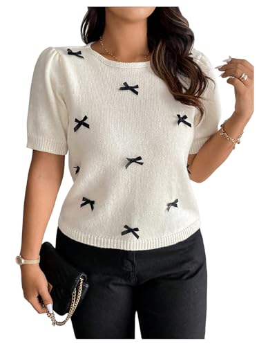 SweatyRocks Women's Plus Size Puff Short Sleeve Bow Decor Lightweight Sweaters Summer Knit Top