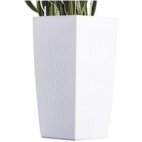 XBrand White Rattan Self Watering Indoor Outdoor Square Planter Pot Cover