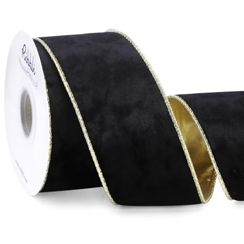 Image of Ribbli Black Velvet Wired Ribbon 2.5 Inch Metallic Black Gold Crushed Velvet Christmas Ribbon for Gift Wrapping Christmas Tree Decoration Crafts Wreaths Supplies-Continuous 10 Yards