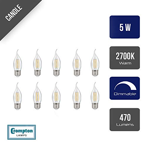 Crompton - Bombillas LED de filamento curvado (10 unidades, casquillo E27, 5 W, intensidad regulable, 470 lm, equivalente a 40 W, rosca Edison C35 (SES-E27), luz blanca cálida, 2700 K
