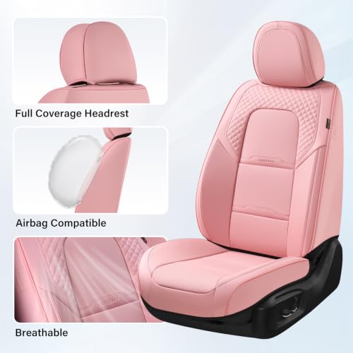 Image of Coverado Car Seat Covers Front Seats, 2 Piece Car Seat Protector with Removable Headrest, Nappa Leather Breathable Seat Cushion Universal Fit for Truck Automotive Most of Cars Pink