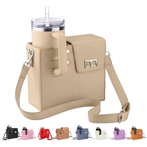 Wasserflaschen-Umhängetasche für Stanley Cup 40oz PU-Leder Schultertasche mit abnehmbarem Riemen Mehr-Taschen Geldbörse mit Flaschenhalter Passend für die meisten Trinkbecher Ideal für Reisen