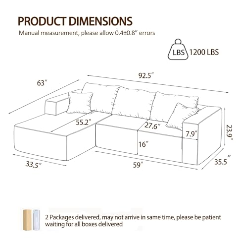 Image of 92.5 inch Modular Sectional Sofa, L-Shaped Cloud Couch with Deep Seat & Chaise, Premium Corduroy Boneless Couches for Living Room /Bedroom /Small Space,No Need Assembly,Beige(Left Facing Chaise)