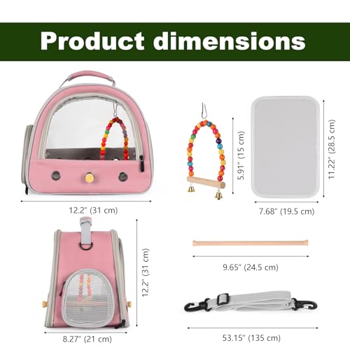 Image of Portable Parrot Travel Cage Carrier with Small Swing Toy&Cage Colorful Toys Set Small Bird Parakeet Bag with Standing Perch Bird Carry Transport Bag (Pink, Carrier /Swing)