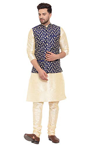 Image of KRAFT INDIA Men's Stylish Silk Kurta with Churidar & Nehru Jacket Set